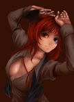  arms_up bad_id bad_pixiv_id bat_wings blue_eyes breasts cleavage collarbone colored_eyelashes dress_shirt eyebrows hands head_wings heterochromia kirieppa koakuma large_breasts long_hair mole no_bra open_clothes open_shirt orange_eyes red_eyes red_hair shirt simple_background smile solo touhou unbuttoned upper_body vest wings 