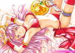  armpits athena_(series) bed_sheet bikini bracelet choker eva_lara hairband jewelry lying navel princess_athena purple_eyes purple_hair red_bikini shield snk solo swimsuit sword weapon 