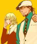  adjusting_eyewear bad_id bad_pixiv_id barnaby_brooks_jr blonde_hair brown_eyes brown_hair cabbie_hat facial_hair glasses hat jacket kaburagi_t_kotetsu male_focus multiple_boys mushiba_natta necktie red_jacket stubble thumbs_up tiger_&amp;_bunny vest 