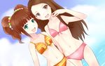  bikini brown_eyes brown_hair dutch_angle front-tie_top green_eyes hair_down highres idolmaster idolmaster_(classic) long_hair looking_at_viewer minase_iori multiple_girls myu-po navel open_mouth scrunchie short_hair smile striped striped_bikini striped_swimsuit swimsuit takatsuki_yayoi twintails 