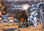  battle beta_(muvluv) blood cloud explosion firing flying gun highres holding holding_gun holding_sword holding_weapon mecha muvluv outdoors rifle sword weapon 