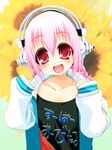  blush headphones kouki_kuu long_hair looking_at_viewer nitroplus open_mouth oversized_clothes pink_hair red_eyes smile solo super_sonico younger 