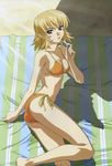  absurdres arm_support ass bangs barefoot beach beach_towel bikini blonde_hair blue_towel breasts brown_eyes cagalli_yula_athha cleavage clenched_hand collarbone day from_above from_side green_towel grin gundam gundam_seed hand_up headshop highres holding horiuchi_osamu kneepits light_rays looking_to_the_side medium_breasts navel outdoors parted_lips reclining scan shade shadow shiny shiny_hair short_hair side-tie_bikini sideboob smile solo striped striped_towel sunbeam sunlight swimsuit third-party_edit towel 