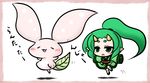  blush creature ears fang green_hair grey_eyes horns leaf pixiv_fairy pointy_ears ponytail sleeves_past_wrists yanagi_(nurikoboshi) 