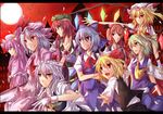  apron ascot bat_wings blonde_hair blue_eyes blue_hair bow braid cirno clock crescent crystal daiyousei dress fairy_wings flandre_scarlet full_moon gloves green_eyes green_hair grin hair_bow hair_ribbon hat hat_ribbon head_wings highres hong_meiling izayoi_sakuya koakuma letterboxed long_hair long_sleeves maid maid_headdress moon multiple_girls open_mouth outstretched_arm outstretched_arms patchouli_knowledge purple_eyes purple_hair ram_hachimin red_eyes red_hair red_sky remilia_scarlet ribbon rumia shirt short_hair short_sleeves side_ponytail silver_hair skirt sky smile star the_embodiment_of_scarlet_devil touhou twin_braids vest waist_apron wings wrist_cuffs 