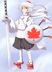  adapted_costume flx geta hat inubashiri_momiji leaf maple_leaf pantyhose red_eyes scarf shield short_hair solo standing sword tabi tokin_hat touhou weapon white_hair white_legwear 