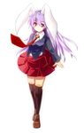  animal_ears black_legwear blazer bunny_ears dress_shirt full_body highres jacket loafers long_hair necktie pleated_skirt purple_hair red_eyes red_neckwear reisen_udongein_inaba shirt shoes simple_background skirt solo standing thighhighs touhou ut_pictura_poesis zettai_ryouiki 