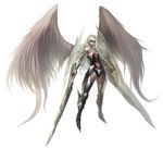  armor center_opening copyright_request corset delight_khw dual_wielding greaves highres holding huge_weapon laces lips long_hair solo thighhighs vambraces very_long_hair weapon white_hair wings 