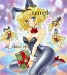  alice_margatroid animal_ears at_classics bad_id bad_pixiv_id bare_legs bare_shoulders black_legwear blue_eyes blush book bow bowtie breasts bunny_ears bunny_tail bunnysuit checkered checkered_floor cleavage doll fake_animal_ears high_heels large_breasts leotard lock long_hair marker_(medium) matching_shanghai pantyhose sample shanghai_doll shoes short_hair solo tail touhou traditional_media very_long_hair 