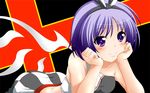  bad_id bad_pixiv_id blush checkered checkered_skirt flag hair_ribbon half-shirt hands_on_own_cheeks hands_on_own_face hiiragi_tsukasa lucky_star midriff purple_eyes purple_hair race_queen ribbon skirt smile solo yua_(checkmate) 