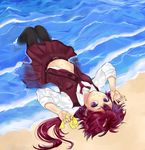  bad_id bad_pixiv_id beach black_legwear hair_ornament hairclip harunoibuki long_hair looking_at_viewer lying midriff navel on_back original outdoors pantyhose partially_submerged ponytail purple_eyes red_hair ribbon shiroko_blanc skirt sleeves_rolled_up smile solo upside-down water 