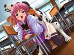  bestiality blush chair classroom desk dog drool green_eyes panty_pull pink_hair school_uniform shiiku_hakusho 