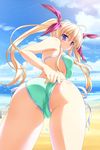  adjusting_swimsuit beach bikini blonde long_hair looking_back mizugi nagisano ocean oshiri ribbons side-tie_bikini solo tsukasa_yuuki twin_tails yagyuu_aoi 