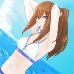  adjusting_hair armpits arms_up bikini blue_eyes breasts brown_hair cloud day hair_up long_hair makise_kurisu masato_(mirai_koubou) medium_breasts mouth_hold navel ponytail sky solo steins;gate swimsuit water zipper 