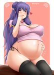  &lt;3 areolae bikini_bottom blush breasts china_dress chinese_clothes cleavage double_bun dress erect_nipples heart holding_belly huge_breasts large_areola large_areolae long_hair naughty_face navel nipples open_clothes open_shirt pregnant puffy_nipples purple_hair ranma_1/2 red_eyes shampoo_(ranma_1/2) shirt sirotaka stomach_bulge thighhighs tongue 