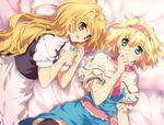  alice_margatroid bed bed_sheet blonde_hair blue_eyes braid capelet hairband hand_on_own_face hand_to_own_mouth kirisame_marisa long_hair lying multiple_girls no_hat no_headwear on_back on_side short_hair thighhighs tokira_nozumi touhou yellow_eyes 