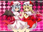  ascot bad_id bad_pixiv_id bat_wings blonde_hair blue_hair checkered checkered_background dress flandre_scarlet hat highres holding_hands interlocked_fingers multiple_girls red_eyes remilia_scarlet ruruan_(piitan) siblings sisters touhou wings 