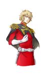  1boy belt blonde_hair blue_eyes cape char_aznable gloves gundam male male_focus military military_uniform mobile_suit_gundam simple_background solo styx16 uniform 