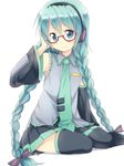  alternate_hairstyle aqua_hair bare_shoulders bow braid detached_sleeves glasses hair_bow hair_over_shoulder hatsune_miku headset long_hair maruki_(punchiki) necktie sitting solo thighhighs twin_braids very_long_hair vocaloid 