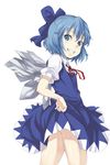  blue_eyes blue_hair bow cirno grin hair_bow hand_on_hip highres itsuki_(nanairo_megane) looking_back short_hair simple_background smile solo teeth touhou white_background wings 