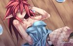  2010 agarest_senki agarest_senki_(series) bare_shoulders company_name copyright_name frown game_cg highres hirano_katsuyuki lavinia_(agarest_senki) long_hair long_pointy_ears official_art one_eye_closed pointy_ears red_hair spiked_hair thighhighs wet yellow_eyes 