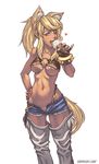  animal_ears areolae blonde blonde_hair blue_eyes bracelet breasts cameltoe clitoris_slip curvy cutoffs dark_skin denim denim_shorts fangs fingerless_gloves food gloves hand_on_hip hips ice_cream jewelry kemonomimi licking liru midriff pinky_out ponytail pussy_peek renkin_san-kyuu_magical_pokaan sexually_suggestive shitapai shorts speh tail thighhighs tongue underboob unzipped wink wolf_ears wolf_tail 