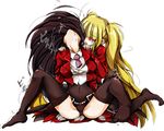  asmodeus black_hair blonde_hair head_back incest licking long_hair lucifer mozu_taiya multiple_girls necktie no_shoes red_eyes shirt siblings sisters stakes_of_purgatory thighhighs torn_clothes torn_shirt trembling twintails umineko_no_naku_koro_ni very_long_hair yuri 