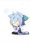  animal_ears blue_dress blue_hair bow cat_ears cat_tail chibi cirno dress hair_bow highres kemonomimi_mode lozelia sitting sleeping sleeping_upright solo tail touhou v_arms wings 
