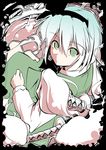  akiyama_nenehisa bow close-up face foreshortening green_eyes hair_bow hitodama konpaku_youmu looking_back short_hair solo sword touhou weapon white_hair 