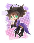 ahoge bad_id bad_pixiv_id black_hair chibi coat full_body green_eyes leaning male_focus messy_hair open_mouth pants ponytail raven_(tales) smile solo tales_of_(series) tales_of_vesperia yoshida_nishi 