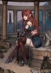  bare_shoulders boots crop_top detached_sleeves fantasy high_heels highres long_hair midriff miniskirt original pointy_ears red_eyes red_hair ruins sitting skirt solo sword thigh_boots thighhighs wavy_hair weapon white_legwear youbou zettai_ryouiki 