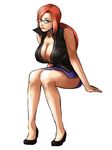  breasts cleavage elite_four full_body glasses high_heels huge_breasts kanna_(pokemon) legs lips long_hair long_legs open_clothes open_shirt pencil_skirt pokemon pokemon_(game) pokemon_rgby ponytail popped_collar red_eyes red_hair shirt shoes side_slit simple_background sitting skirt sleeveless smile solo thighs white_background yoop 