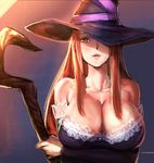  bow_(bhp) breast_hold breasts cleavage crossed_arms dragon's_crown dress hat large_breasts lips long_hair orange_eyes orange_hair solo sorceress_(dragon's_crown) staff strapless strapless_dress upper_body witch_hat 