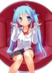  ahoge antenna_hair bad_id bad_pixiv_id bare_legs blue_eyes blue_hair blush bow chair denpa_onna_to_seishun_otoko ebiebiebio highres long_hair school_uniform sitting skirt smile solo touwa_erio twintails very_long_hair 