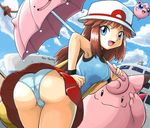  1girl alternate_costume ass bent_over between_breasts blue_(pokemon) blue_eyes blue_panties blue_tank_top breasts brown_hair clefable deoxys ditto from_behind gen_1_pokemon gen_3_pokemon hat jigglypuff leaning_forward long_hair looking_back medium_breasts oekaki open_mouth panties pleated_skirt pokemoa pokemon pokemon_(creature) pokemon_special red_skirt ship skirt smile strap_cleavage transformed_ditto umbrella underwear upskirt watercraft 