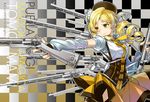 aiming artist_name bad_id bad_pixiv_id beret blonde_hair character_name checkered checkered_background copyright_name corset detached_sleeves drill_hair fingerless_gloves gate_of_babylon gloves gun hair_ornament hairpin hat magical_girl magical_musket mahou_shoujo_madoka_magica nakbe outstretched_arm pleated_skirt puffy_sleeves ribbon rifle skirt solo tomoe_mami twin_drills twintails weapon yellow_eyes 