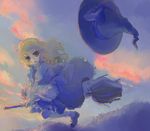  1girl broom broom_riding flying hat hat_removed headwear_removed highres kirisame_marisa solo sunset touhou witch_hat 