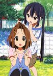  absurdres black_hair brown_eyes brown_hair casual day fingers forehead hands highres hirasawa_yui horiguchi_yukiko k-on! long_hair multiple_girls nakano_azusa non-web_source official_art open_mouth outdoors overalls pantyhose round_teeth shirt short_hair shorts smile t-shirt tears teeth topknot twintails v very_long_hair 