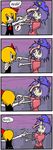  2girls 4koma bad_id black_eyes blonde_hair comic commentary expressive_clothes finnish hair_ribbon handshake long_sleeves mario_(series) miyako_yoshika multiple_girls ofuda outstretched_arms purple_eyes purple_hair ribbon rumia setz short_hair short_sleeves smile star starman_(mario) super_mario_bros. touhou translated wide_sleeves zombie zombie_pose 