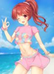  1girl ;d beach blue_sky blurry blurry_background blush bracelet cloud cowboy_shot crop_top eyebrows_visible_through_hair hair_between_eyes hair_ornament high_ponytail hinakurukuru idolmaster idolmaster_cinderella_girls idolmaster_cinderella_girls_starlight_stage jewelry long_hair looking_at_viewer midriff miniskirt navel ocean one_eye_closed open_mouth pink_shirt pink_skirt print_shirt red_eyes red_hair shiina_noriko shirt skirt sky smile solo standing star star_print stomach 