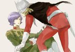  2boys belt blonde_hair cape char_aznable garma_zabi gloves gundam helmet male male_focus mask military military_uniform mobile_suit_gundam multiple_boys purple_hair uniform 