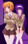  arisa_bannings lyrical_nanoha mahou_shoujo_lyrical_nanoha_strikers multiple_girls saki_chisuzu school_uniform skirt skirt_lift tsukimura_suzuka 