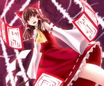  ascot bow brown_hair detached_sleeves electricity from_below gayprince gohei hair_bow hair_tubes hakurei_reimu long_hair ofuda open_mouth red_eyes shide solo touhou 