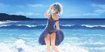  beach black_panties blue_dress darker_than_black day dress dress_lift hair_ribbon long_hair outdoors panties ponytail purple_eyes ribbon silver_hair solo strap_slip toshi_hiroshi underwear water wind wind_lift yin 