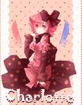  bow charlotte_(madoka_magica) cuivre detached_sleeves drill_hair hair_bow mahou_shoujo_madoka_magica no_nose personification pink_eyes pink_hair polka_dot polka_dot_background scarf smile solo wings 