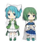  animal_ears bloomers blue_eyes blue_hair blush cape cat_ears chibi chitose_yuma chitose_yuma_(cosplay) cosplay costume_switch detached_sleeves gloves green_hair jitome magical_girl mahou_shoujo_madoka_magica mahou_shoujo_oriko_magica miki_sayaka miki_sayaka_(cosplay) multiple_girls short_hair short_twintails simple_background skirt tsuzuya_(knt31) twintails underwear white_gloves 