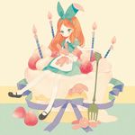  alicia_(pop'n_music) bad_id bad_pixiv_id bow cake candle dress food fork hair_bow pechika pop'n_music sitting solo stuffed_toy 