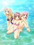  bikini cleavage frills kawai_rie kneeling leg_hug lovers mizugi one-piece_swimsuit osawa_hinako sitting taki_minashika wariza yamamoto_noriko 