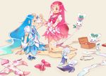  ankle_boots bandages bandaid barefoot blue_eyes blue_footwear blue_hair blue_skirt blush boots boots_removed bow bruise choker chypre_(heartcatch_precure!) coffret_(heartcatch_precure!) cure_blossom cure_marine dirty earrings hair_down hanasaki_tsubomi heartcatch_precure! injury jewelry knee_boots kneeling kurumi_erika long_hair magical_girl multiple_girls oota open_mouth pink_bow pink_choker pink_eyes pink_footwear pink_hair pout precure shoes_removed sitting skirt smile tweezers 