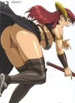  armor ass bent_over breasts claudette_(queen's_blade) cleavage green_eyes helmet highres large_breasts nigou open_mouth panties pantyshot queen's_blade red_hair revealing_clothes solo sword thighhighs thighs thong underwear weapon 
